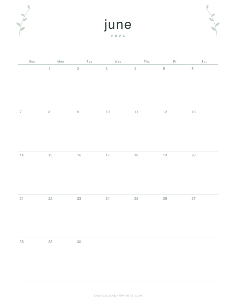 First page of the June 2026 calendar — Botanical Line, a free printable PDF