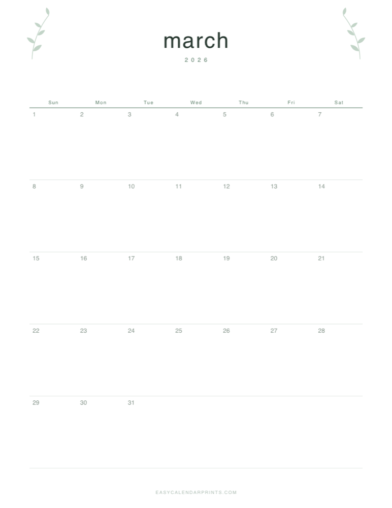 First page of the March 2026 calendar — Botanical Line, a free printable PDF