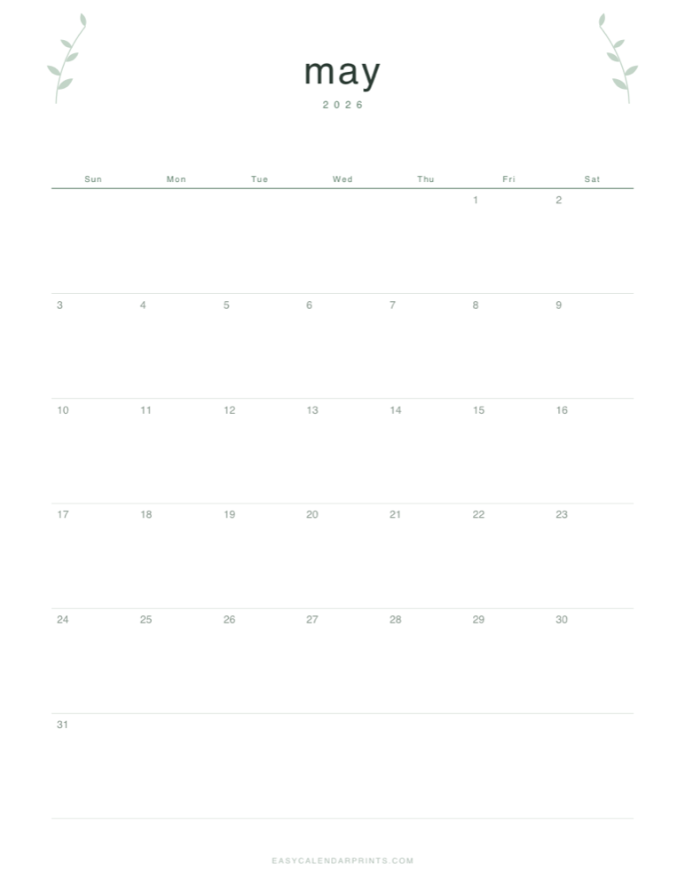 First page of the May 2026 calendar — Botanical Line, a free printable PDF