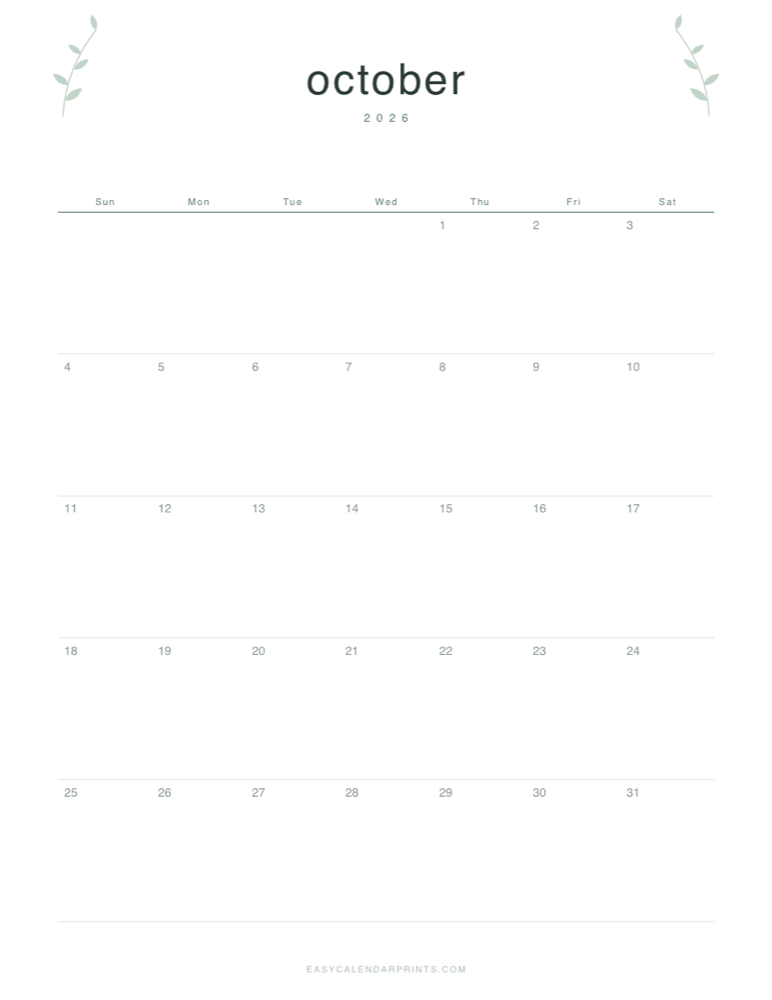 First page of the October 2026 calendar — Botanical Line, a free printable PDF