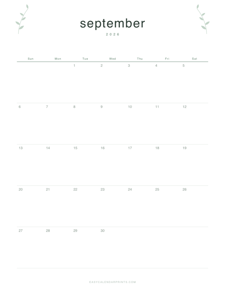 First page of the September 2026 calendar — Botanical Line, a free printable PDF