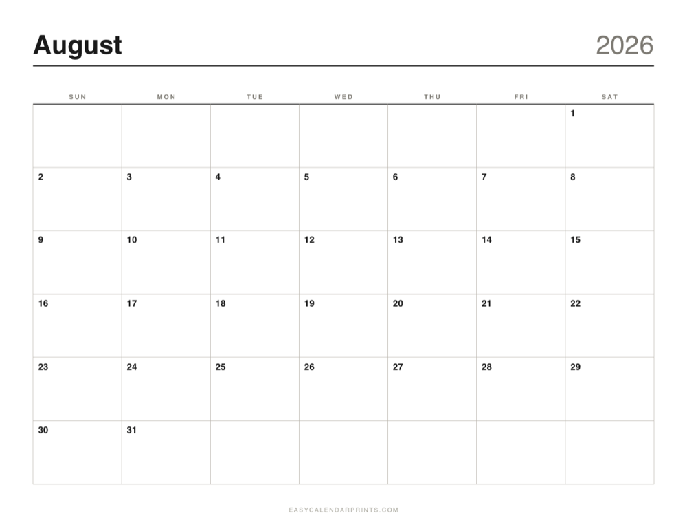 First page of the August 2026 calendar — Classic Grid, a free printable PDF