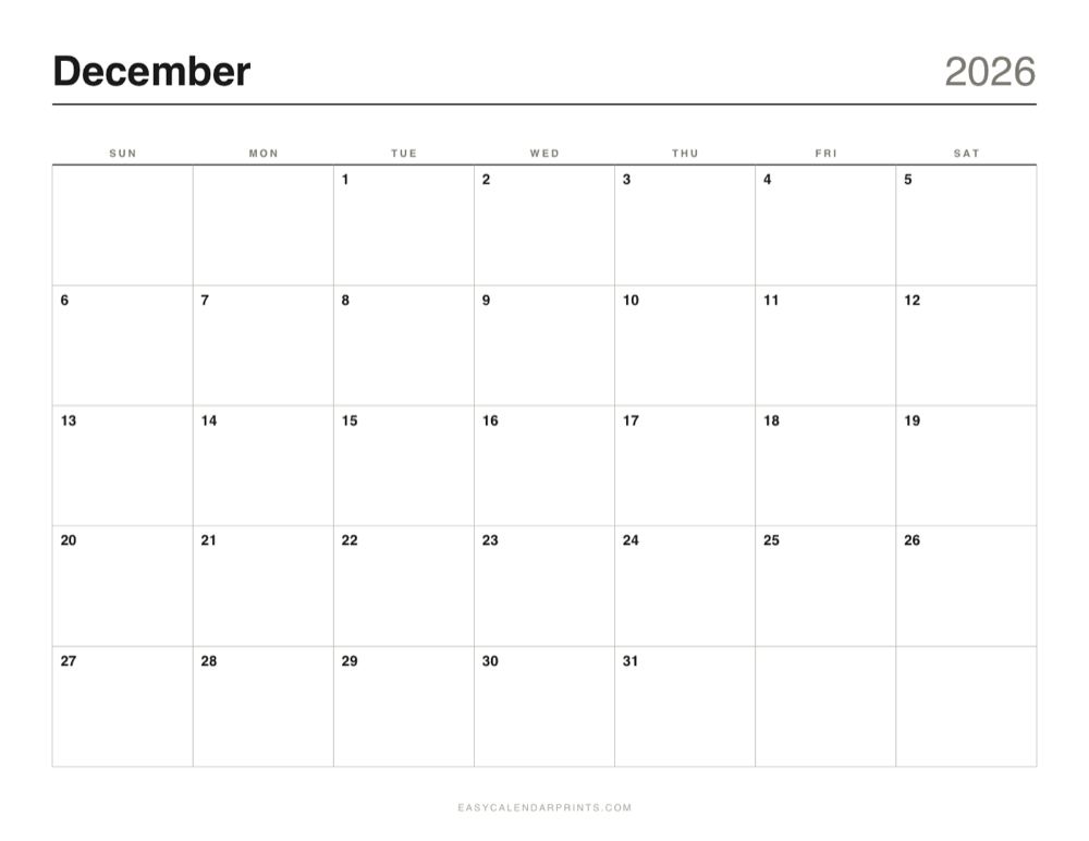 First page of the December 2026 calendar — Classic Grid, a free printable PDF