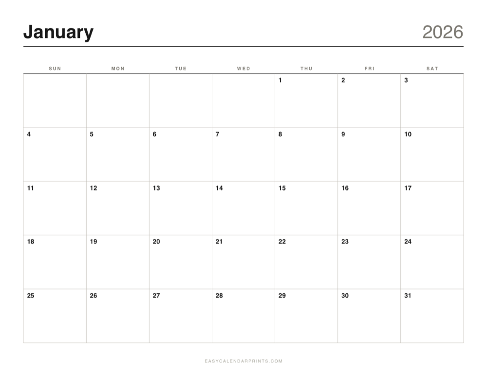 First page of the Classic Grid 2026 calendar — full year, a free printable PDF