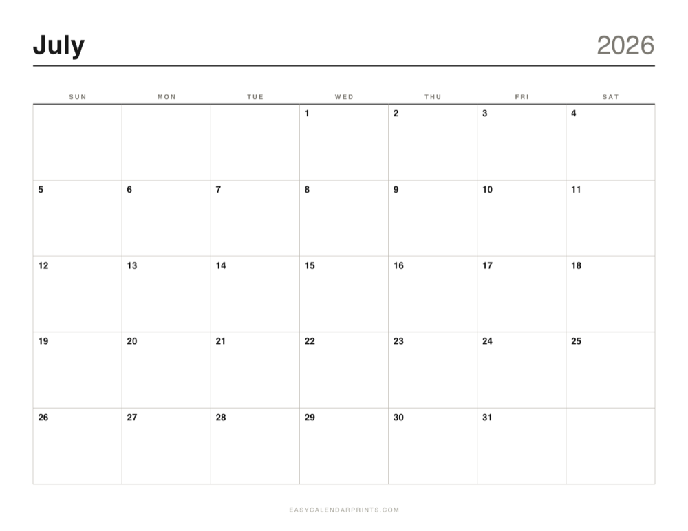 First page of the July 2026 calendar — Classic Grid, a free printable PDF