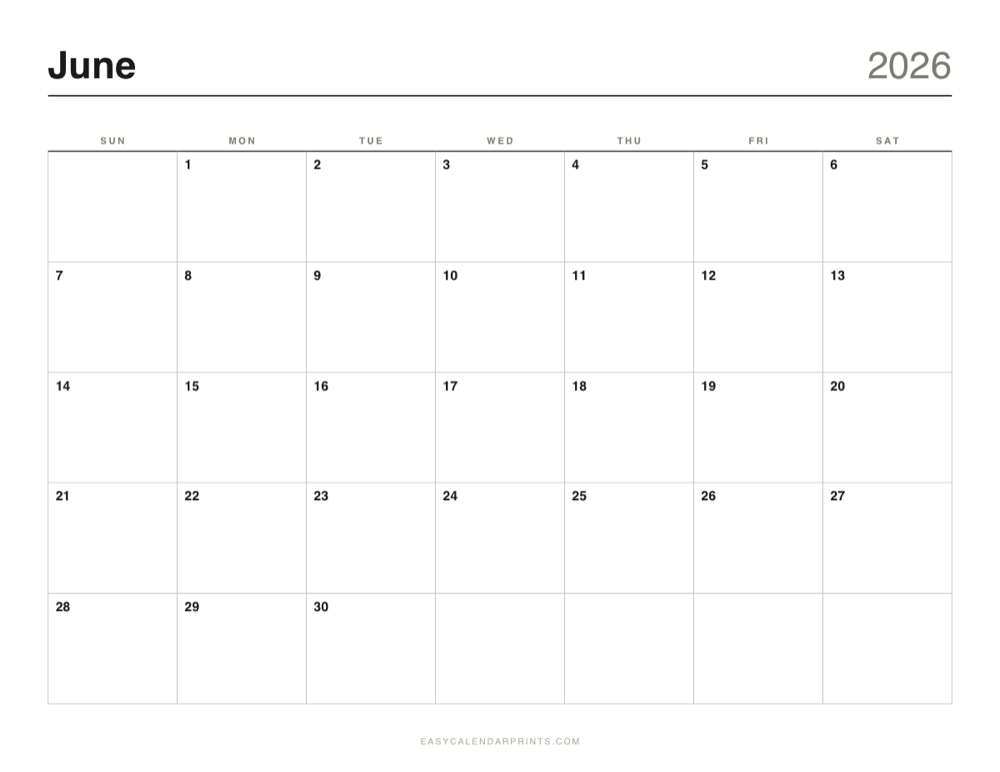 First page of the June 2026 calendar — Classic Grid, a free printable PDF