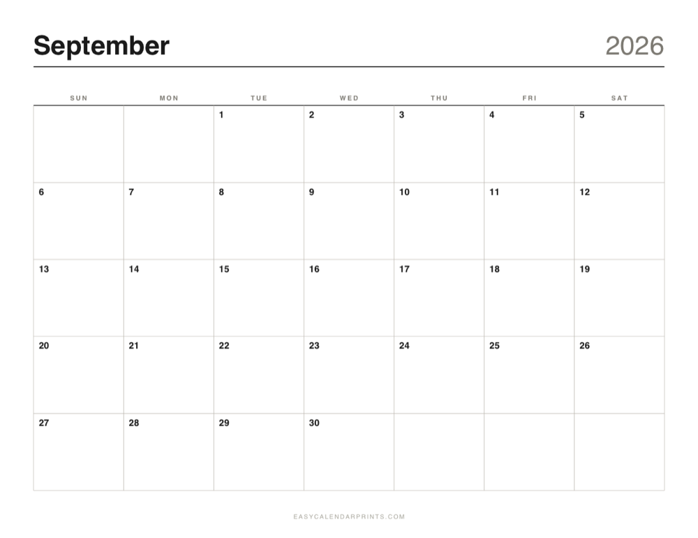 First page of the September 2026 calendar — Classic Grid, a free printable PDF
