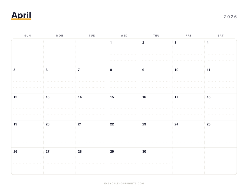 First page of the April 2026 calendar — Dotted Notes, a free printable PDF