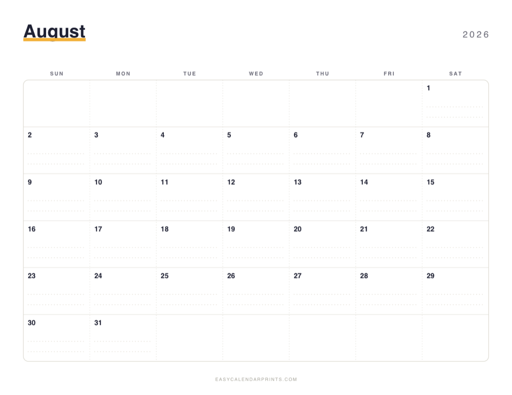 First page of the August 2026 calendar — Dotted Notes, a free printable PDF