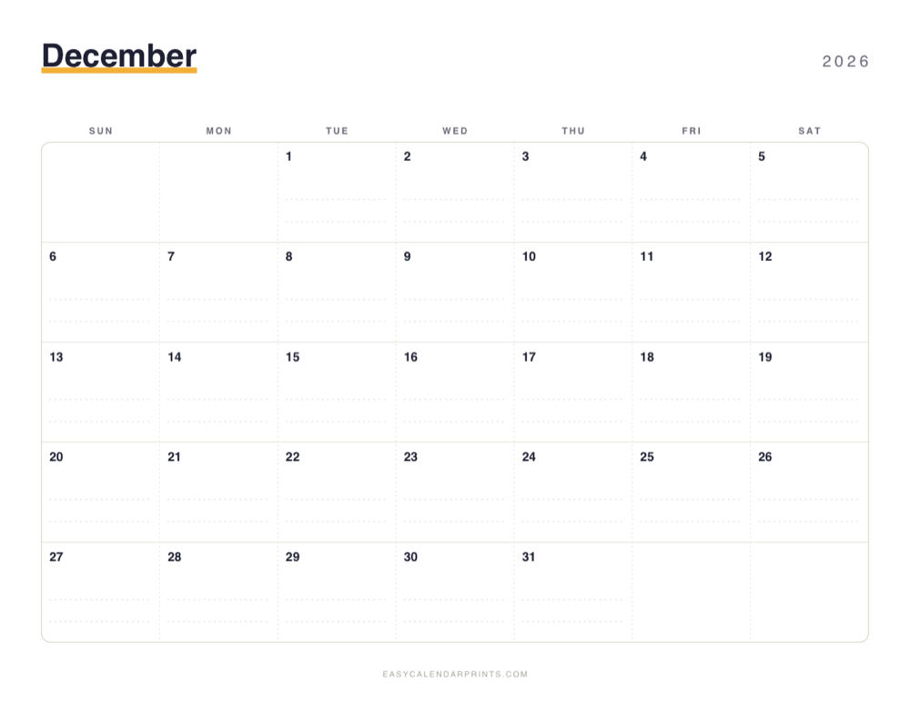 First page of the December 2026 calendar — Dotted Notes, a free printable PDF
