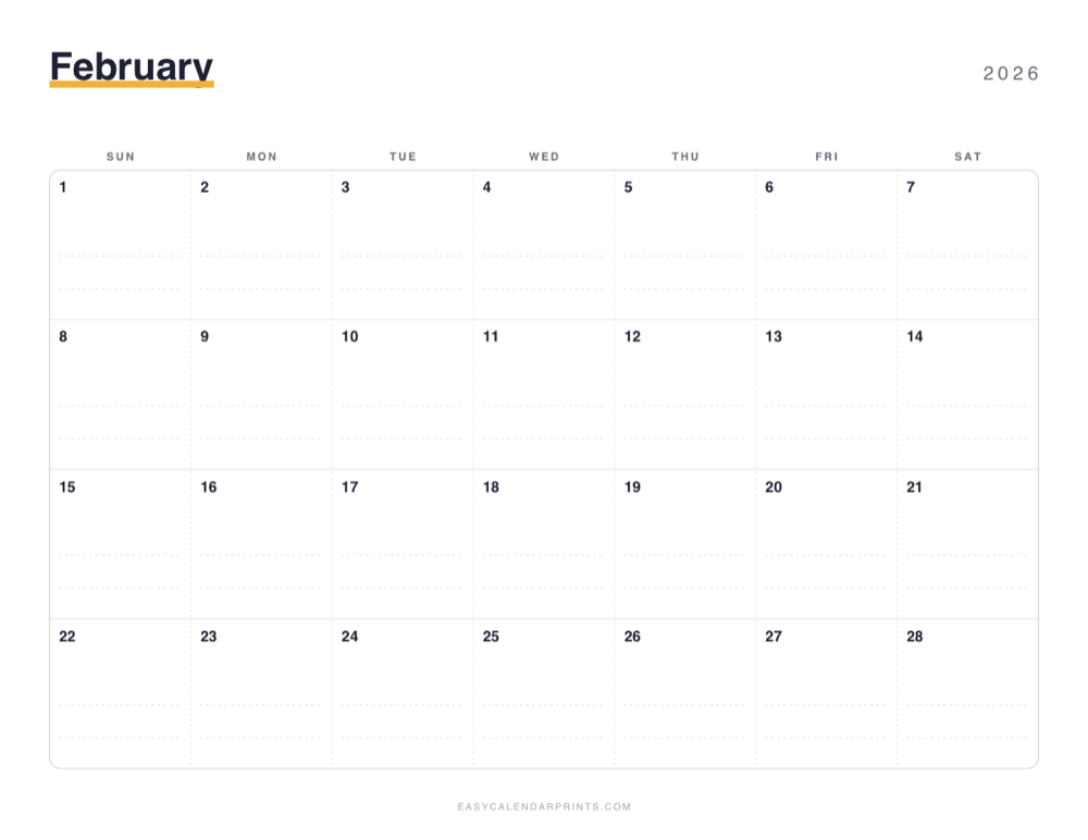 First page of the February 2026 calendar — Dotted Notes, a free printable PDF