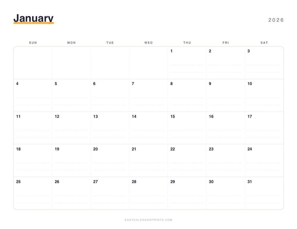 First page of the Dotted Notes 2026 calendar — full year, a free printable PDF
