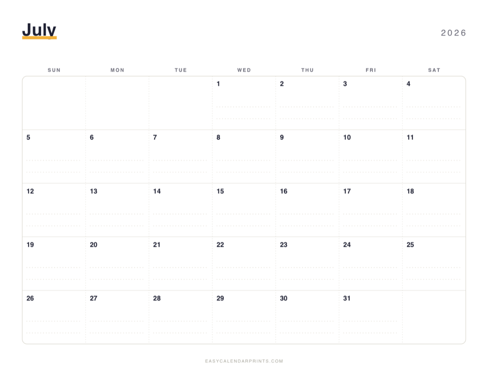 First page of the July 2026 calendar — Dotted Notes, a free printable PDF