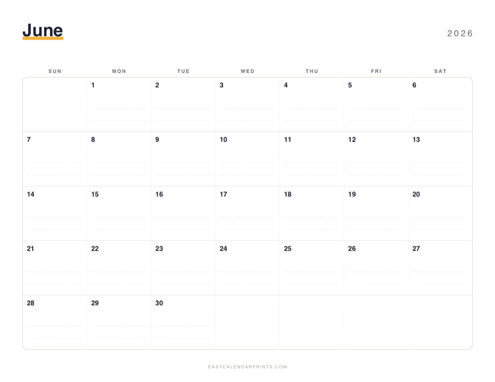 First page of the June 2026 calendar — Dotted Notes, a free printable PDF