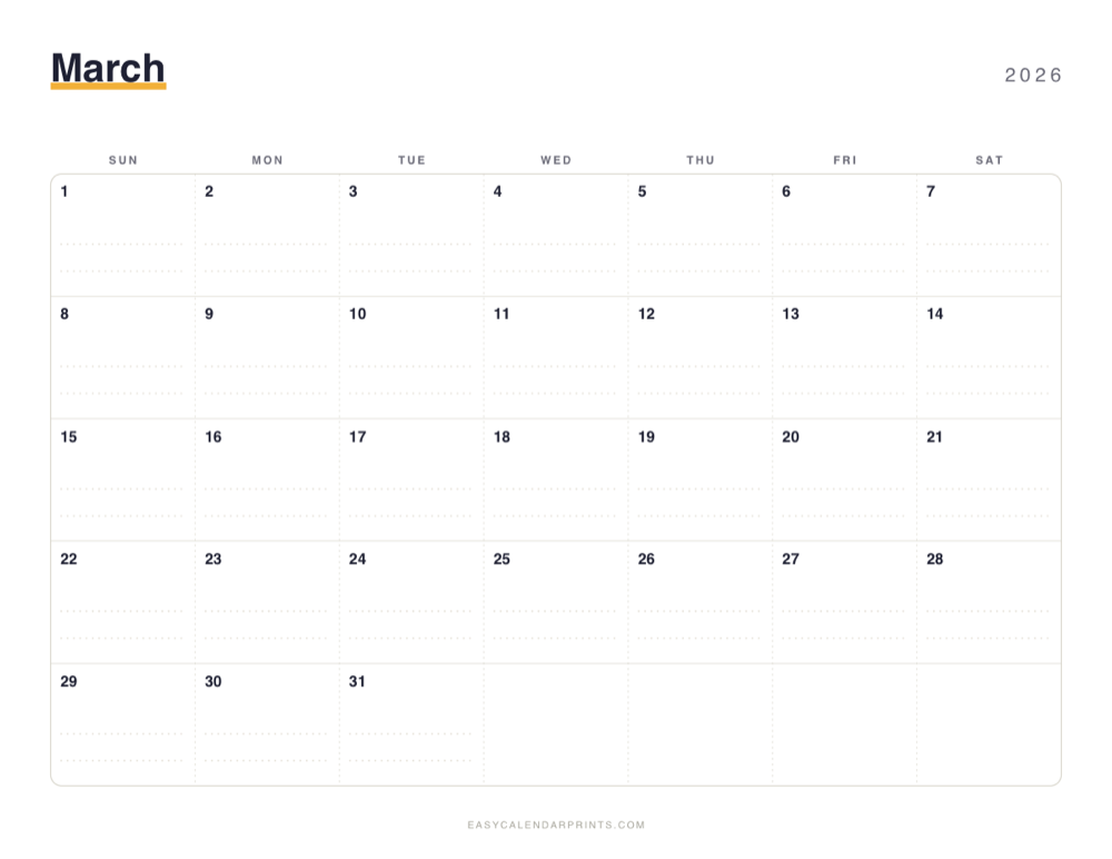 First page of the March 2026 calendar — Dotted Notes, a free printable PDF