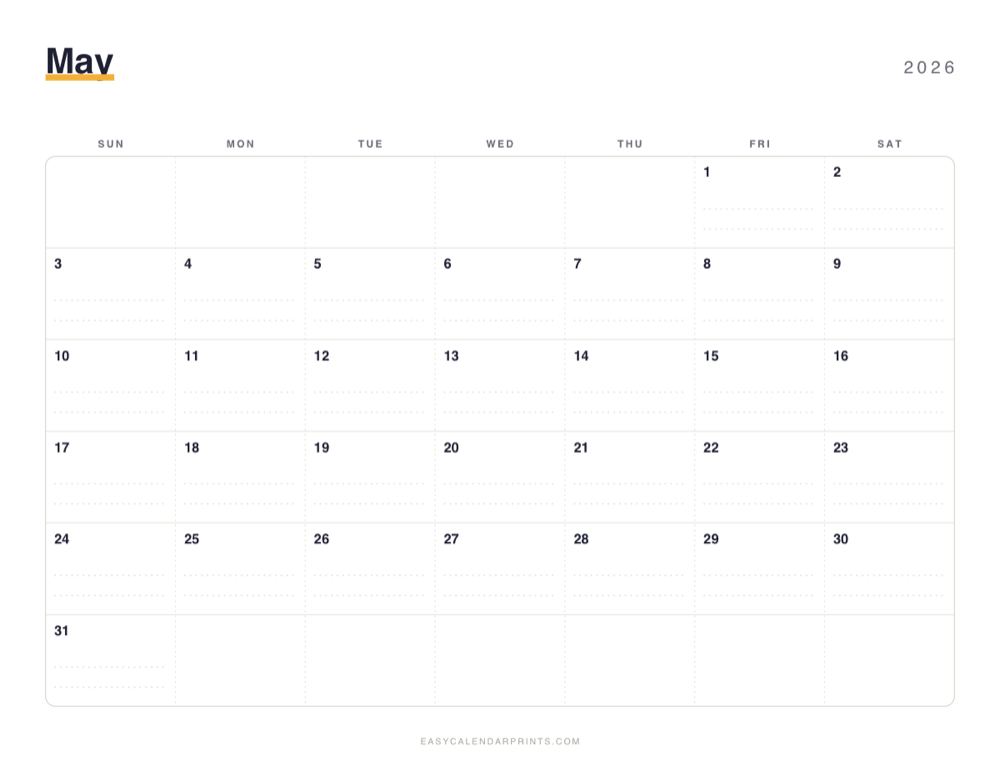 First page of the May 2026 calendar — Dotted Notes, a free printable PDF