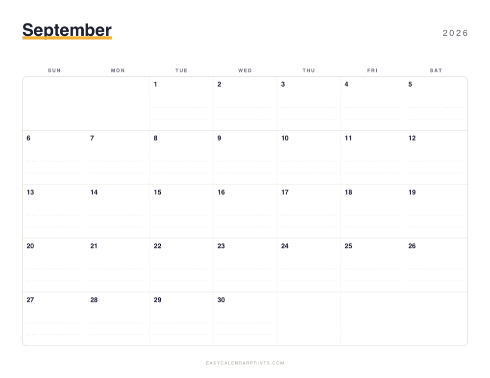 First page of the September 2026 calendar — Dotted Notes, a free printable PDF