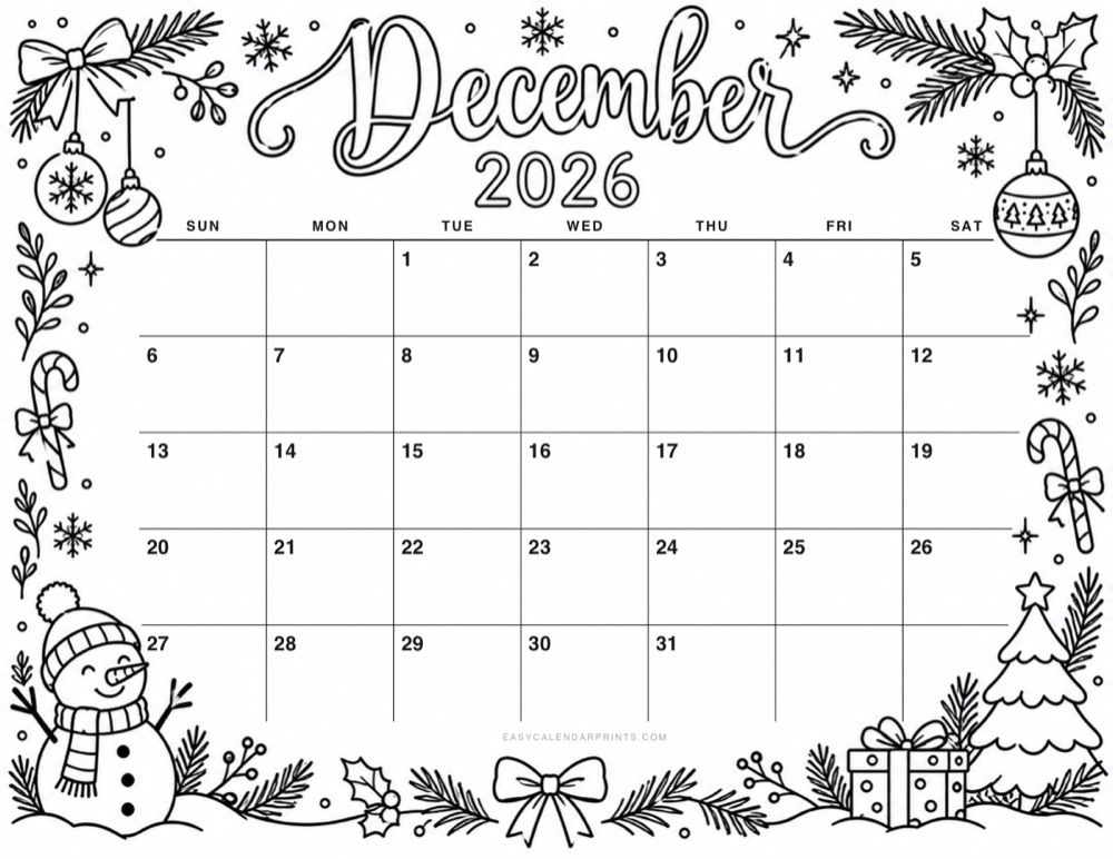 First page of the December 2026 Christmas coloring calendar — print and color, a free printable PDF