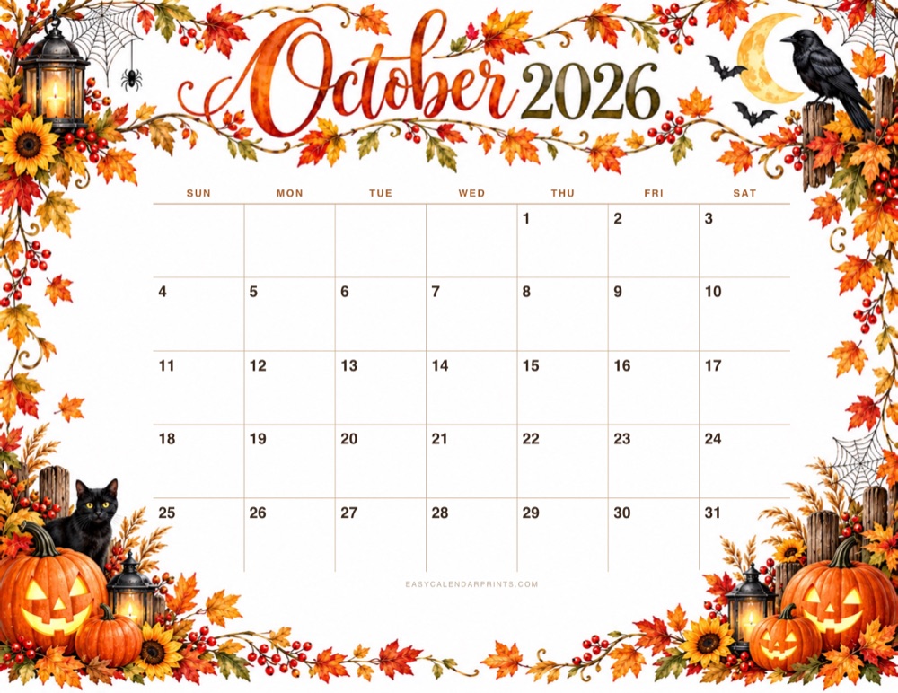 First page of the October 2026 Halloween calendar — watercolor border, a free printable PDF